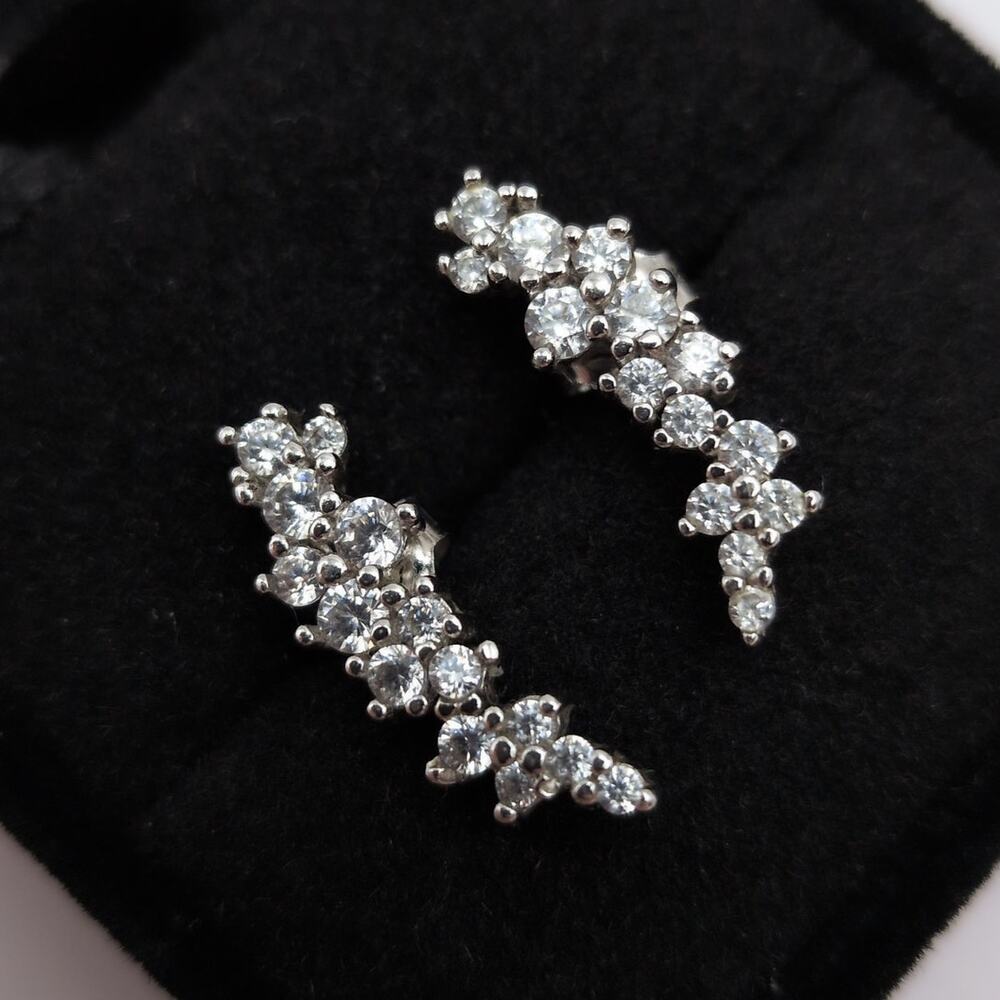 Sterling Silver 925 Cubic Zirconia Pave Curve Climber Stud Crawler Earrings .75"
